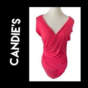 Candies Women's Pink Coral V-neck Crinched Sleeveless Staggered Top Size XL